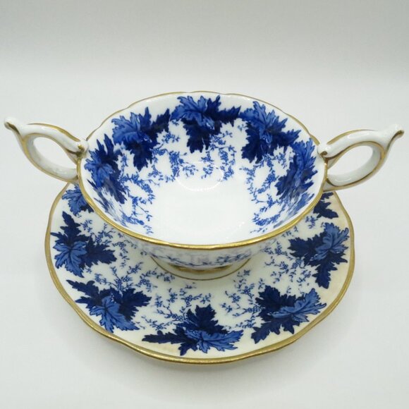 Coalport Cream Soup Bouillon Cup Saucer Set of 2 Blue White Leaves Ivy 5590K - Picture 3 of 15
